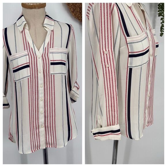 Express Women's Fortofino Shirt Slim Fit Long Roll Tab Sleeve Cream multi Stripe - Picture 1 of 14